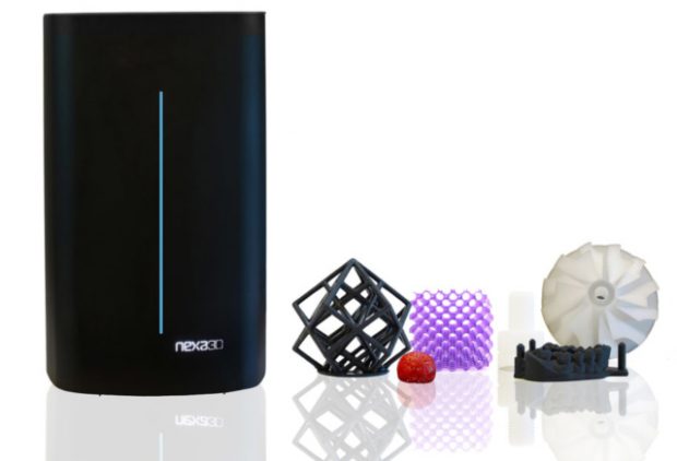 Nexa3D voxel-level desktop printer with sample high-resolution parts.  This 3D printer uses liquid sublayer photo-curing (LSPc) to build resin-based parts in just hours. (Image courtesy Nexa3D)