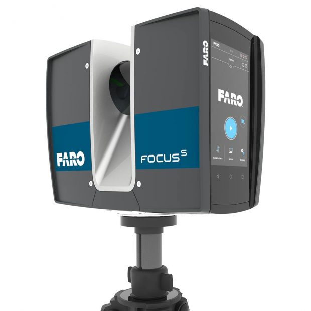 A close-up shot of the FARO FocusS 70 laser scanner mounted on its optional tripod. Image courtesy of FARO Technologies Inc.