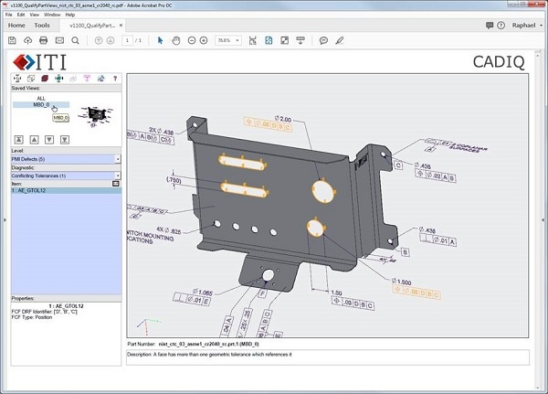 ITI has released version 11 of its CADIQ 3D CAD model validation and product quality solution. Shown here is a sample CADIQ 3D PDF report identifying a face with more than one geometric tolerance reference. Image courtesy of International TechneGroup Inc.